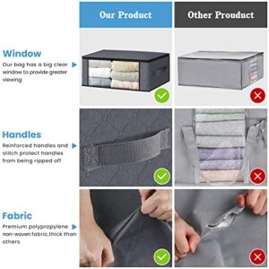 HomeHacks Storage 3-Pack Clothes Organizer Storage Bags Foldable Storage Box with Large Clear Window Sturdy Handles for Closet, Dorm, Pillows, Bedding, Clothes, Stuffed Toys, Blankets, 100L, Grey