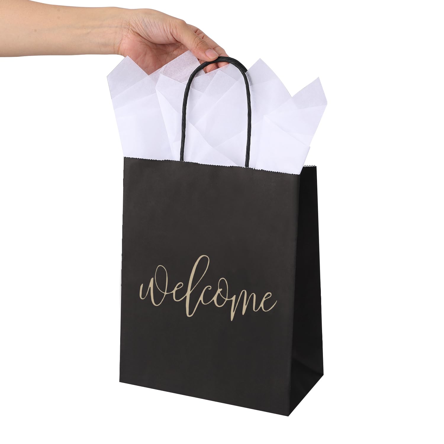 DjinnGlory 50 Pack Medium Black Welcome Paper Gift Bags with Handles and 50-Sheet White Tissue Paper for Wedding Hotel Guests Engagement Bridal Shower Birthday Party Favors (10''x8''x4'')