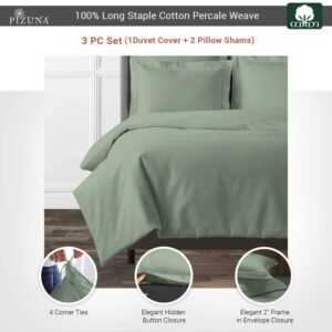 Pizuna Percale Cotton King Duvet Cover Set, 100% Long Staple Cotton Crisp Percale Weave with Button Closure (Combed Silver Cotton Duvet Cover King)