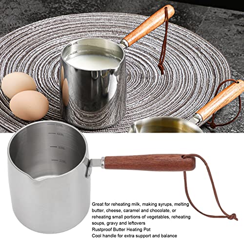 Turkish Coffee Pot Milk Warmer Pot 450ML Stainless Steel Butter Warmer Mini Butter Coffee Milk Pot Small Saucepan with Wooden Handle for Chocolate Heating Camping