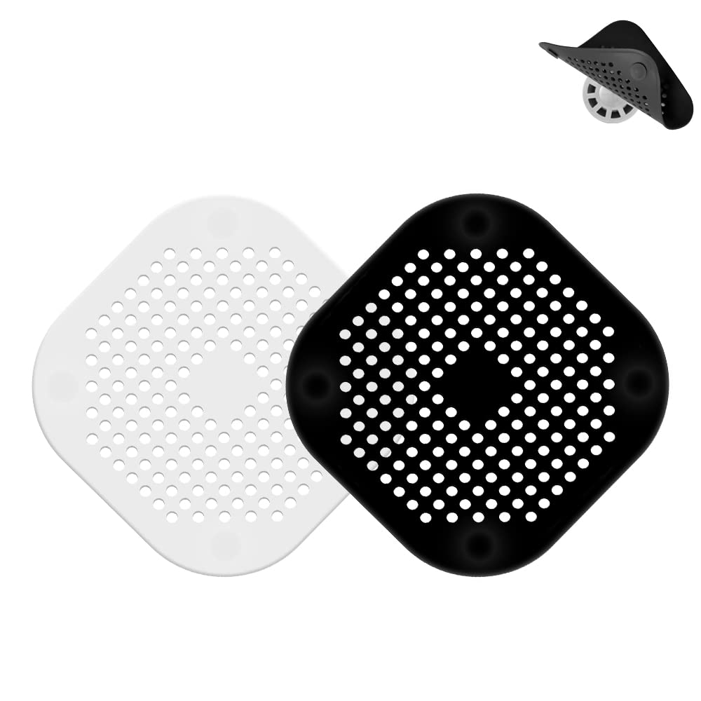 LIEVUIKEN Drain Hair Catcher, Square Drain Cover for Shower, Easy to Install and Clean, Silicone Hair Stopper with 4 Suction Cups Suit for Bathroom, Bathtub, Kitchen 2 Pack