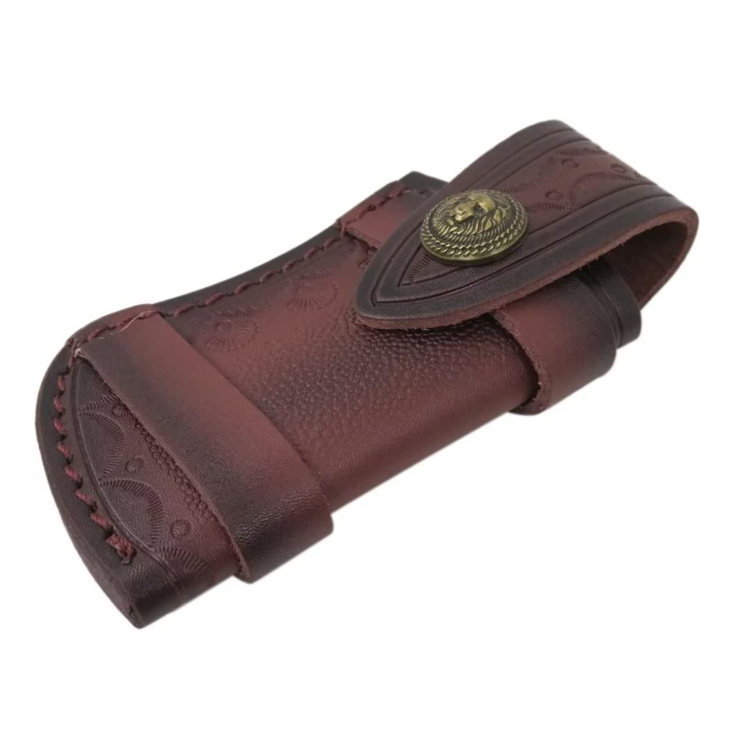 USonline911 Hand Made Carved Cow Leather Sheath for Folding Knife Cover Knife Bag Pouch Belt Clip, Brown