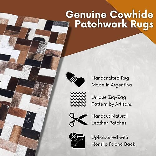 FOTA 100% Genuine Leather Cowhide Patchwork Area Rug Cow Skin Soft Hair Suede Carpet Throw Real Natural Pattern Cowhides Rustic Barn House Decor Western Southern Boho (Black Center Mix, 4' x 3')