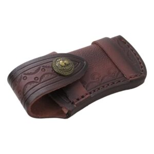 USonline911 Hand Made Carved Cow Leather Sheath for Folding Knife Cover Knife Bag Pouch Belt Clip, Brown