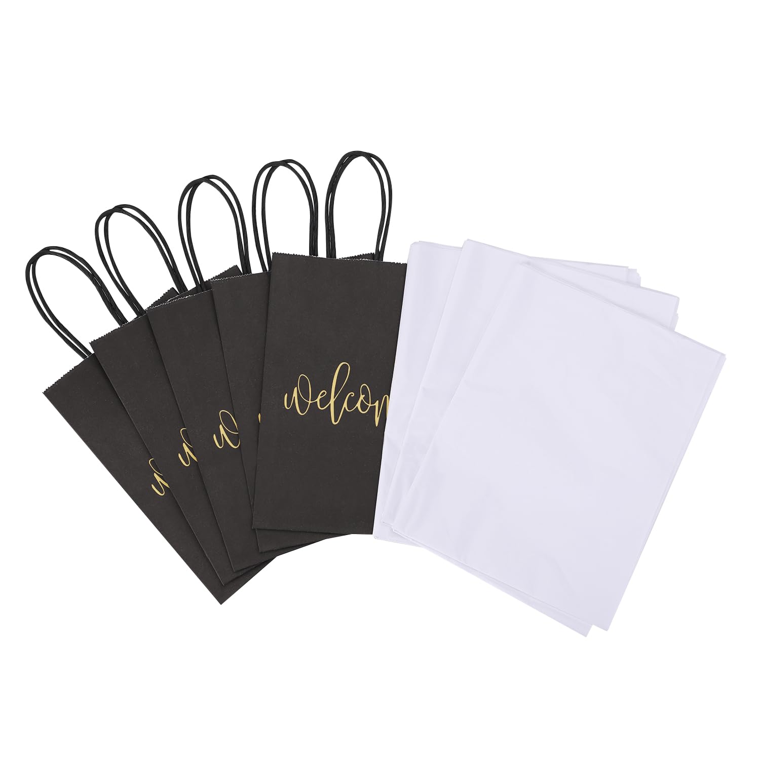 DjinnGlory 50 Pack Medium Black Welcome Paper Gift Bags with Handles and 50-Sheet White Tissue Paper for Wedding Hotel Guests Engagement Bridal Shower Birthday Party Favors (10''x8''x4'')