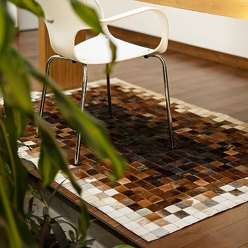 FOTA 100% Genuine Leather Cowhide Patchwork Area Rug Cow Skin Soft Hair Suede Carpet Throw Real Natural Pattern Cowhides Rustic Barn House Decor Western Southern Boho (Black Center Mix, 4' x 3')