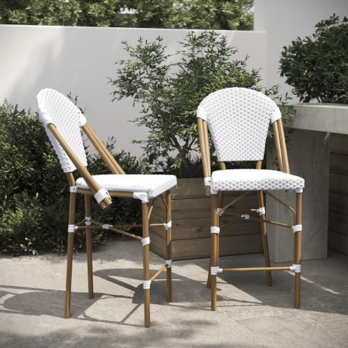 Flash Furniture Lourdes Commercial Grade Bistro Counter Height Stool, Stackable Indoor/Outdoor Dining Stool, 26" High, White/Gray and Bamboo Finish, Set of 2