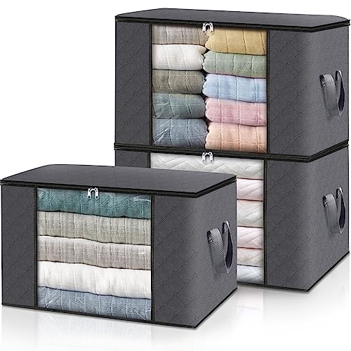 HomeHacks Storage 3-Pack Clothes Organizer Storage Bags Foldable Storage Box with Large Clear Window Sturdy Handles for Closet, Dorm, Pillows, Bedding, Clothes, Stuffed Toys, Blankets, 100L, Grey