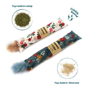 Jumpaws 2 Pack Natural Interactive Catnip & Silvervine Cat Kicker with Feathers, Bite Resistant Chew Toy, Crinkle Kicker, Accessories for Indoor Cat, Premium Corduroy Floral