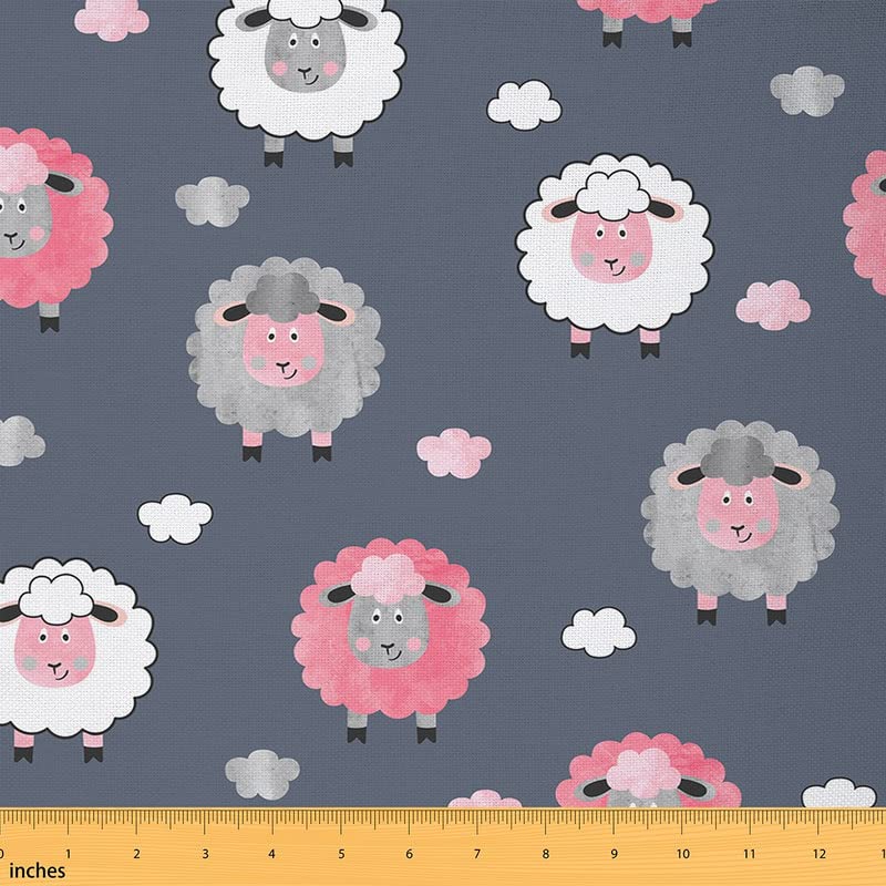 jejeloiu Sheep Upholstery Fabric by The Yard, Cute Sheep Pattern Reupholstery Fabric for Chairs,Farm Animals Decorative Waterproof Outdoor Fabric, 2 Yards White Pink Blue