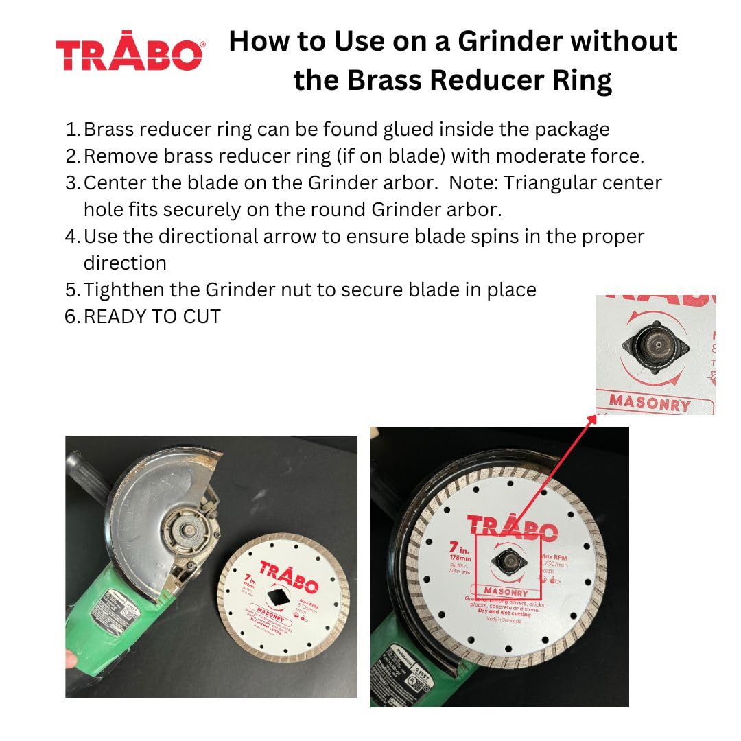 Trabo 7 Inch Masonry Segmented Rim Diamond Bond Blade for Cutting Cement, Pavers, Concrete with Rebar, Natural Stone and More, with 7/8 Inch Arbor with 5/8 Inch Reducer Ring