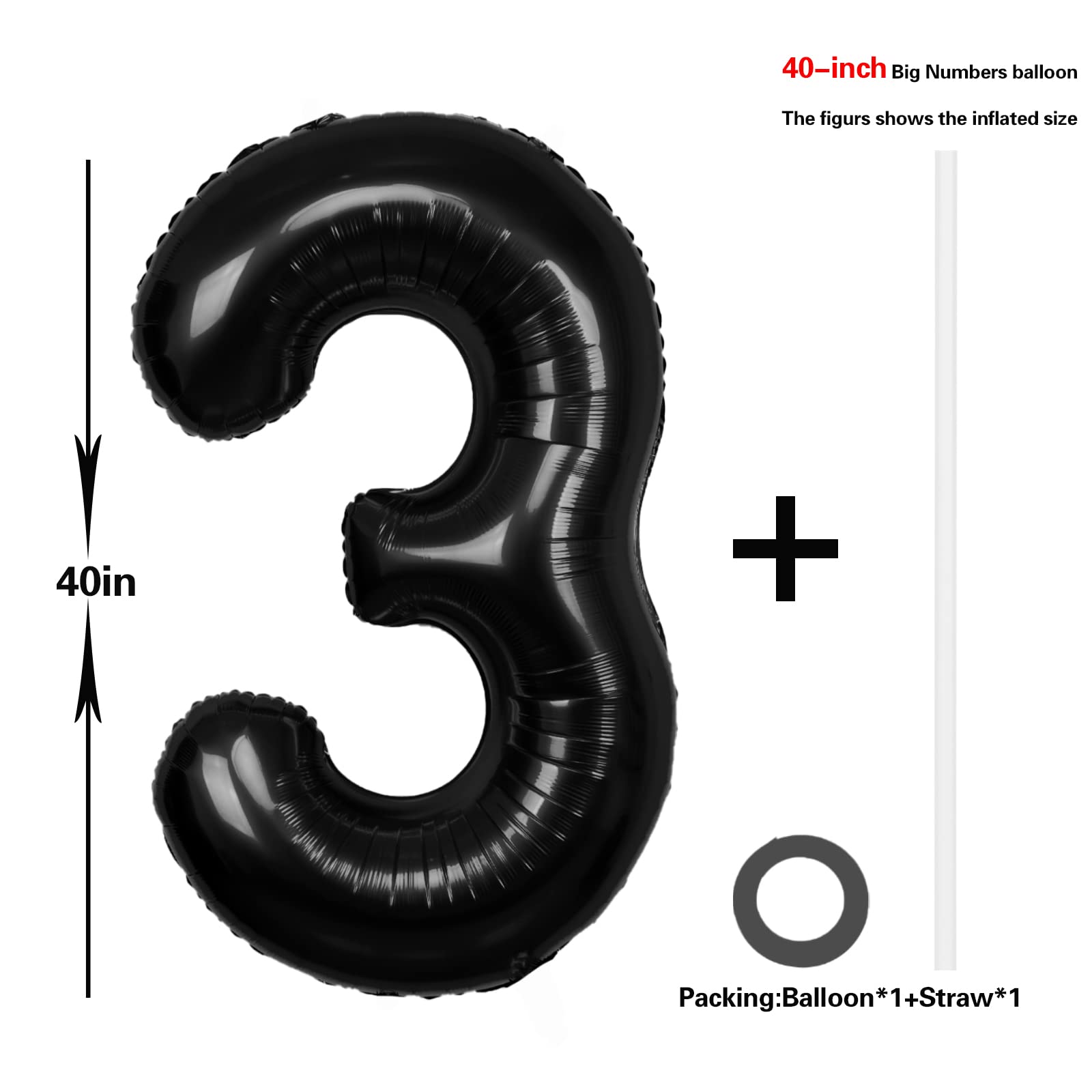 40 Inch Black Number 3 Balloon Extra Big Size Jumbo Mylar Foil Helium Balloons 3 for Birthday Party Celebration Decorations Graduations 3rd Anniversary Baby Shower Supplies Engagement