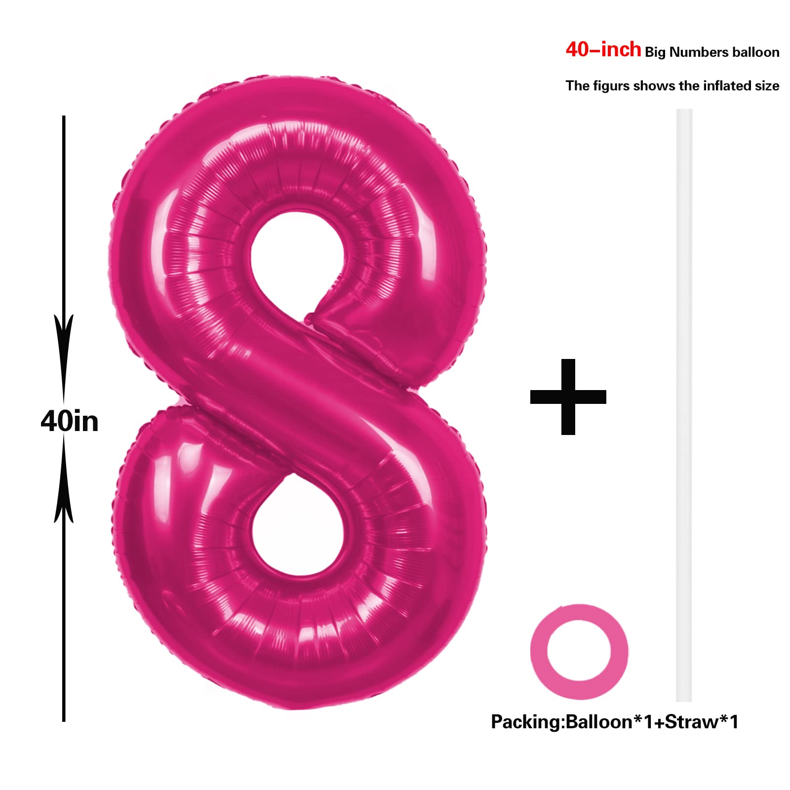 40 Inch Hot Pink Number 8 Balloon Extra Big Size Jumbo Mylar Foil Helium Balloons 8 for Birthday Party Celebration Decorations Graduations 8th Anniversary Baby Shower Supplies Engagement