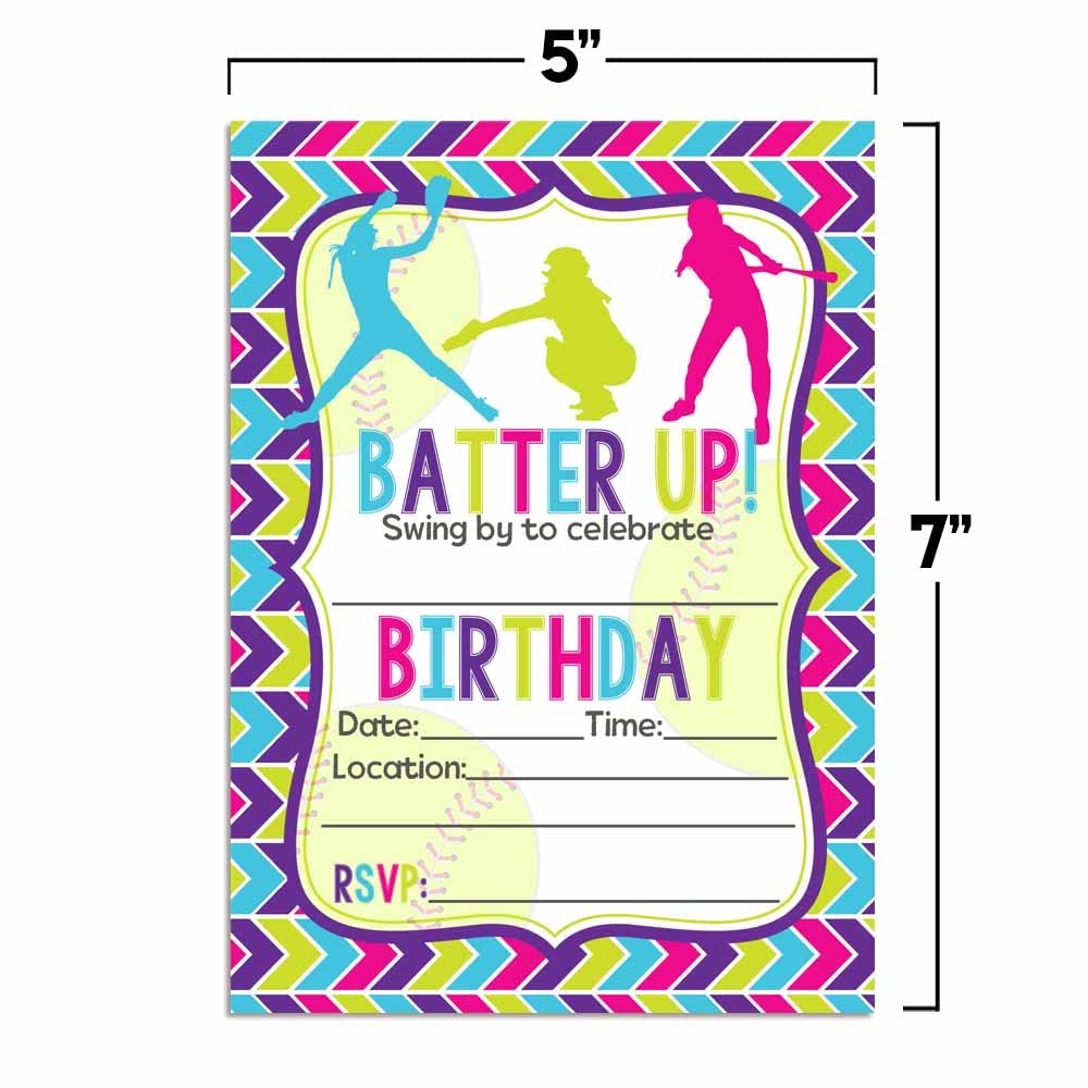 Amanda Creation Batter Up Softball Themed Birthday Party Invitations, 20 5x7 Fill-In Cards with Twenty White Envelopes