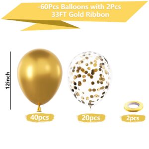 Kelfara Metallic Gold Balloons 60Pcs 12 inch Metallic Gold and Confetti Latex Balloon Bulk for Birthday Party Bridal Shower Wedding Engagement Anniversary Prom Decorations with Gold Ribbon