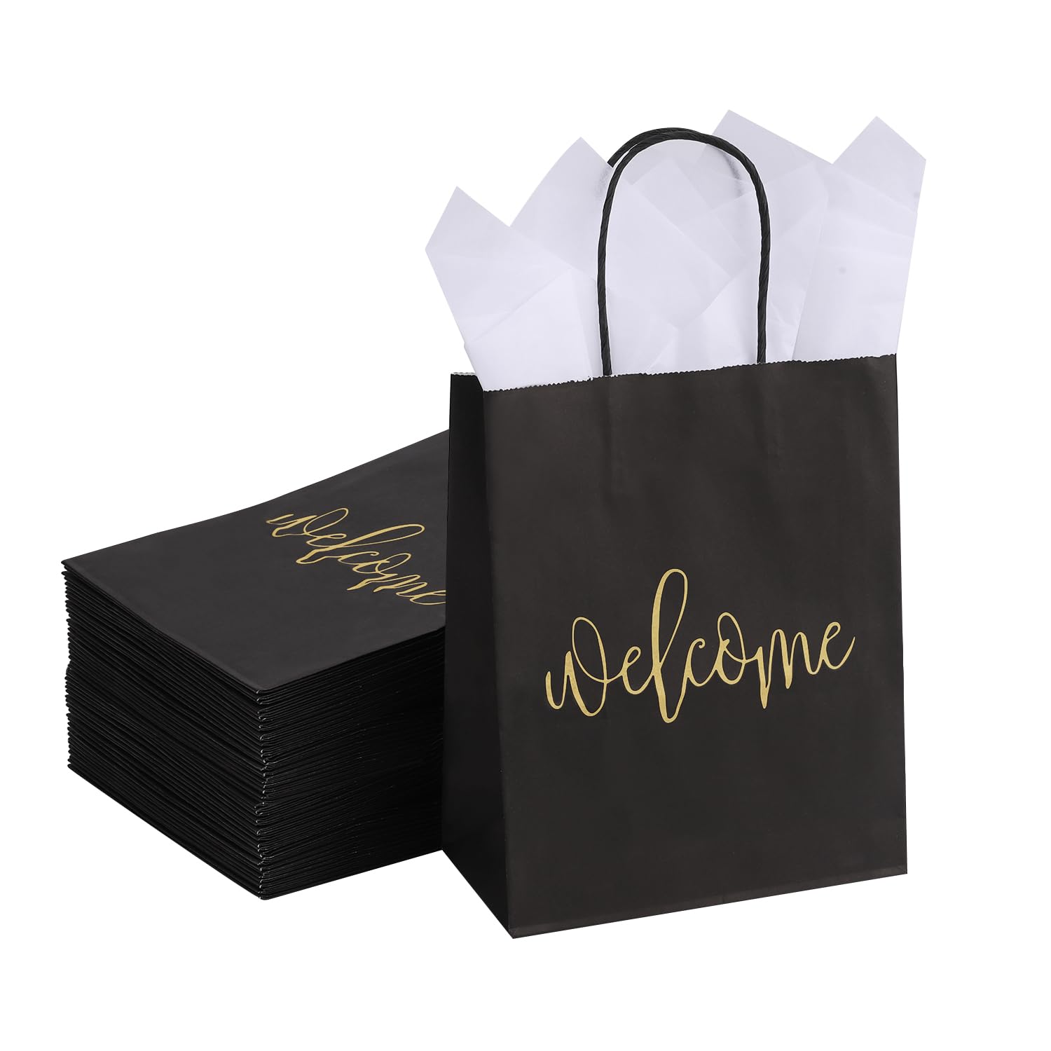 DjinnGlory 50 Pack Medium Black Welcome Paper Gift Bags with Handles and 50-Sheet White Tissue Paper for Wedding Hotel Guests Engagement Bridal Shower Birthday Party Favors (10''x8''x4'')