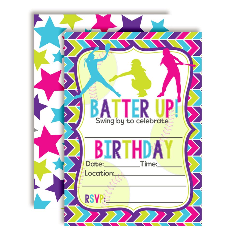 Amanda Creation Batter Up Softball Themed Birthday Party Invitations, 20 5x7 Fill-In Cards with Twenty White Envelopes