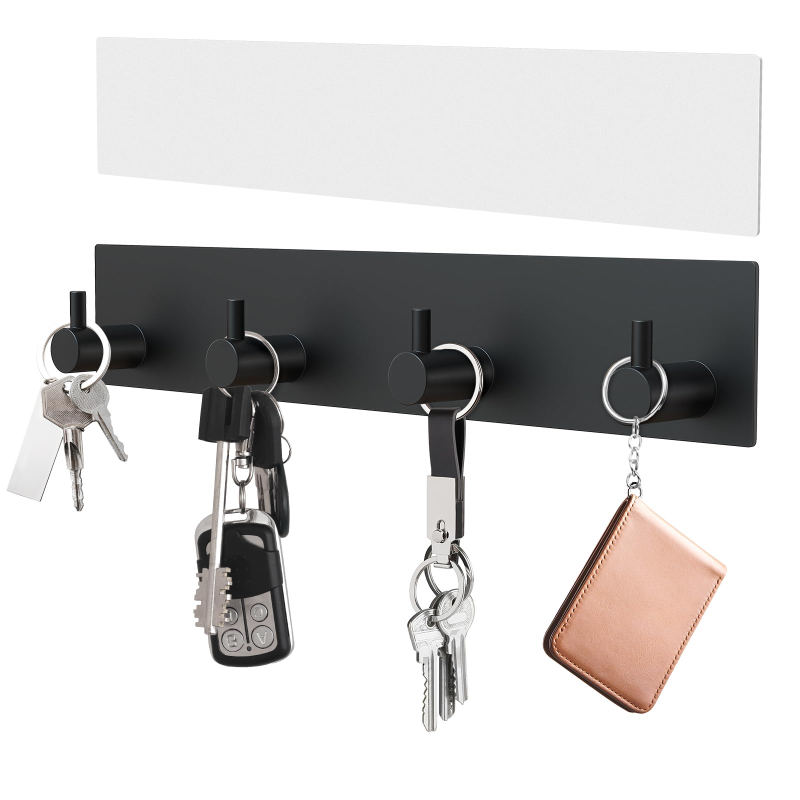 VIS'V Key Holder Wall Mount, Large Self Adhesive Key Hanger Metal Key Rail with 4 Key Hooks Compact Stick on Key Chain Holder with Extra Adhesive for Entryway Doorway Hallway - Black