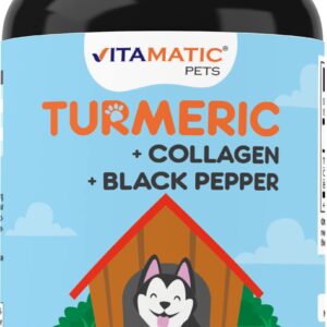 Vitamatic Turmeric for Dogs Anti Inflammatory Pain Relief - 120 Chewable Tablets - Hip & Joint Support Anti Inflammatory for Dogs with Curcumin, Collagen & Black Pepper