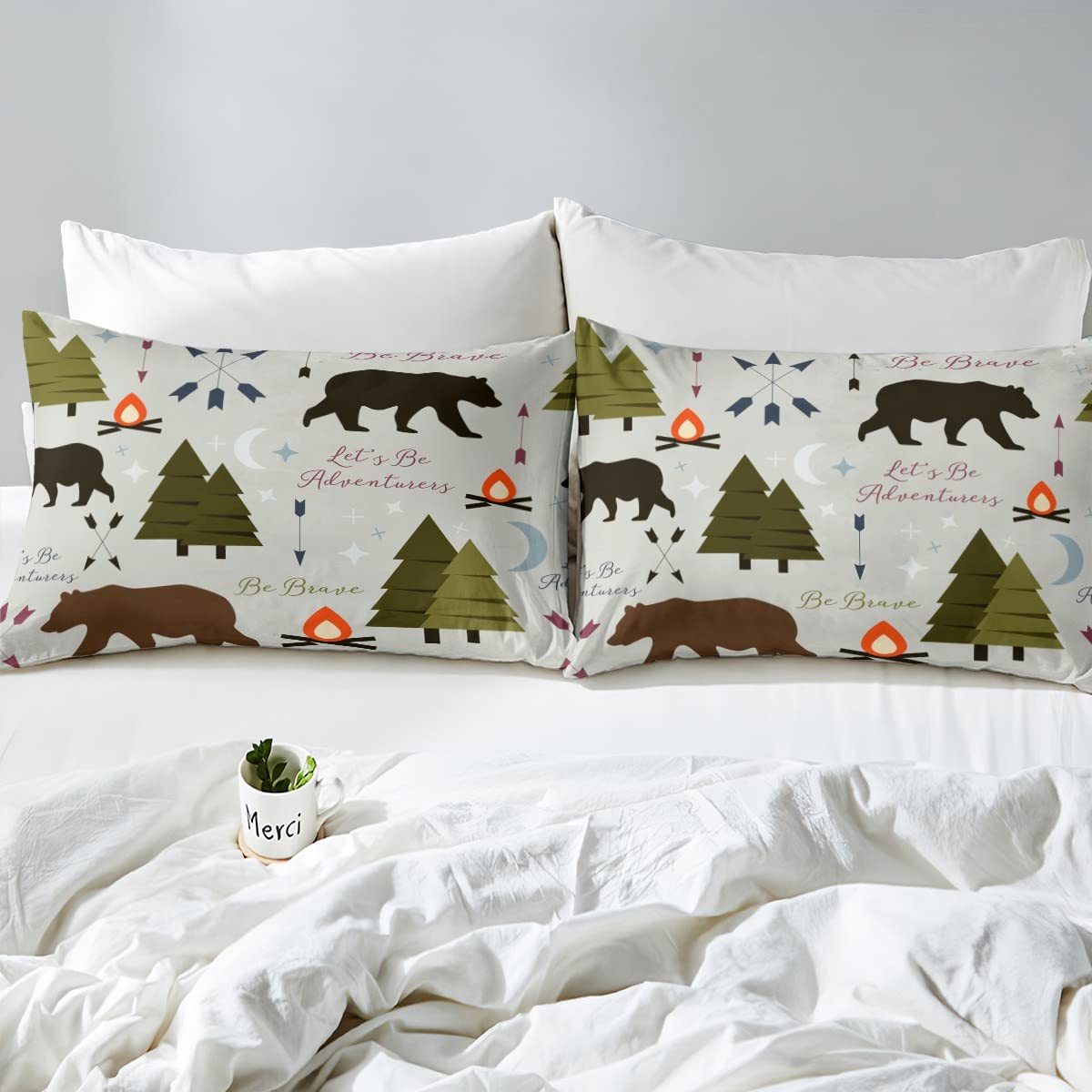 Happy Camping Fitted Sheet Twin Size Hunt Bear Pine Trees Bedding Set for Kids Boys Men Adults Cabin Room Decor Campfire Arrow Cartoon Bed Sheet Wild Outdoor Adventure Deep Pocket Sheet 2pcs