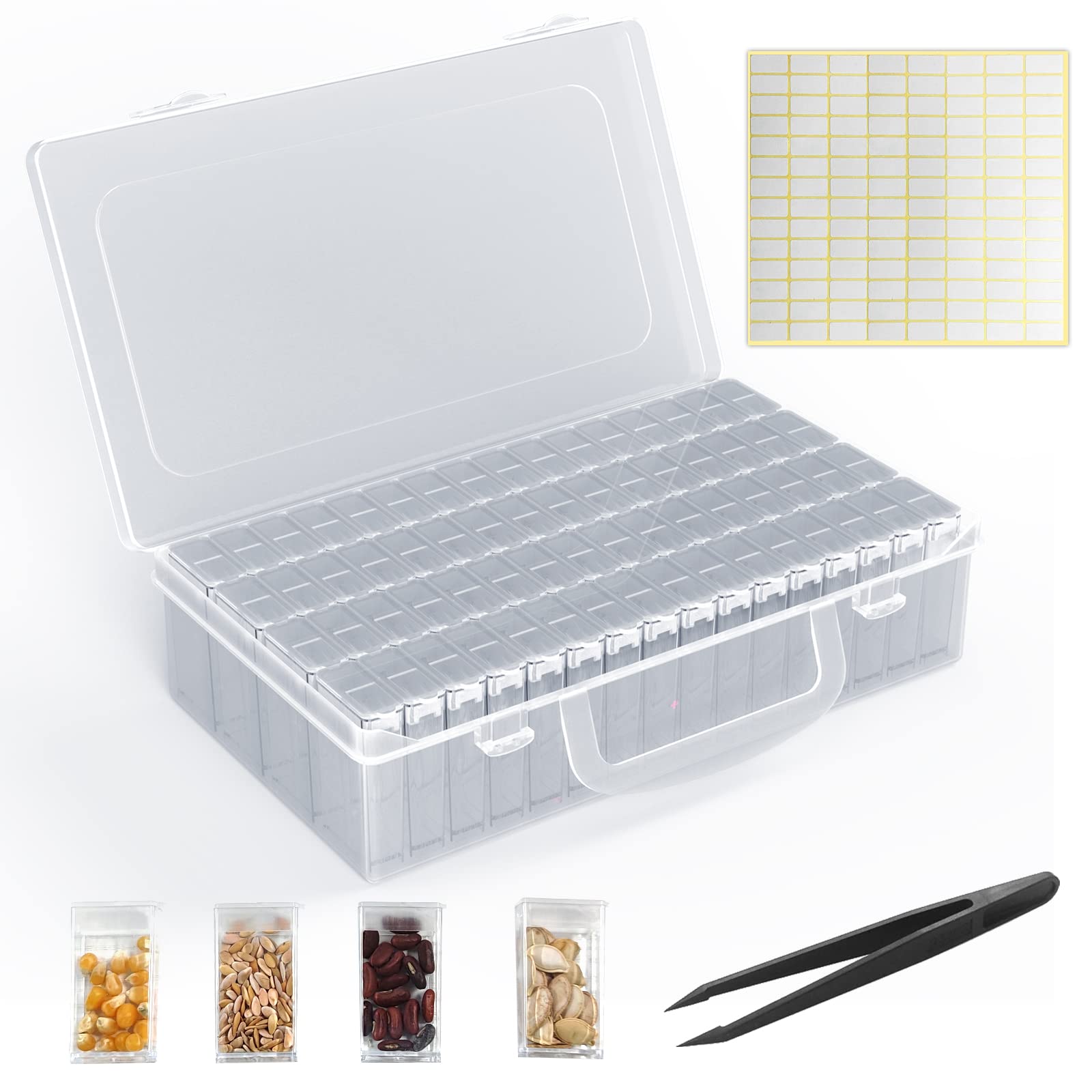 ARSUNOVO 64 Solts Seed Storage Box with 112Pcs Label Sticker and a Tweezers,Diamond Painting Organizer,Portable Bead Storage,Seed Organizer Use for Flower Seeds,Vegetable Seeds.