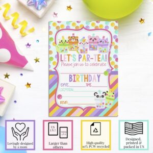 Amanda Creation Let's Par-tea Cute Animal Bubble Tea Themed Birthday Party Invitations, 20 5x7 Fill-In Cards with Twenty White Envelopes