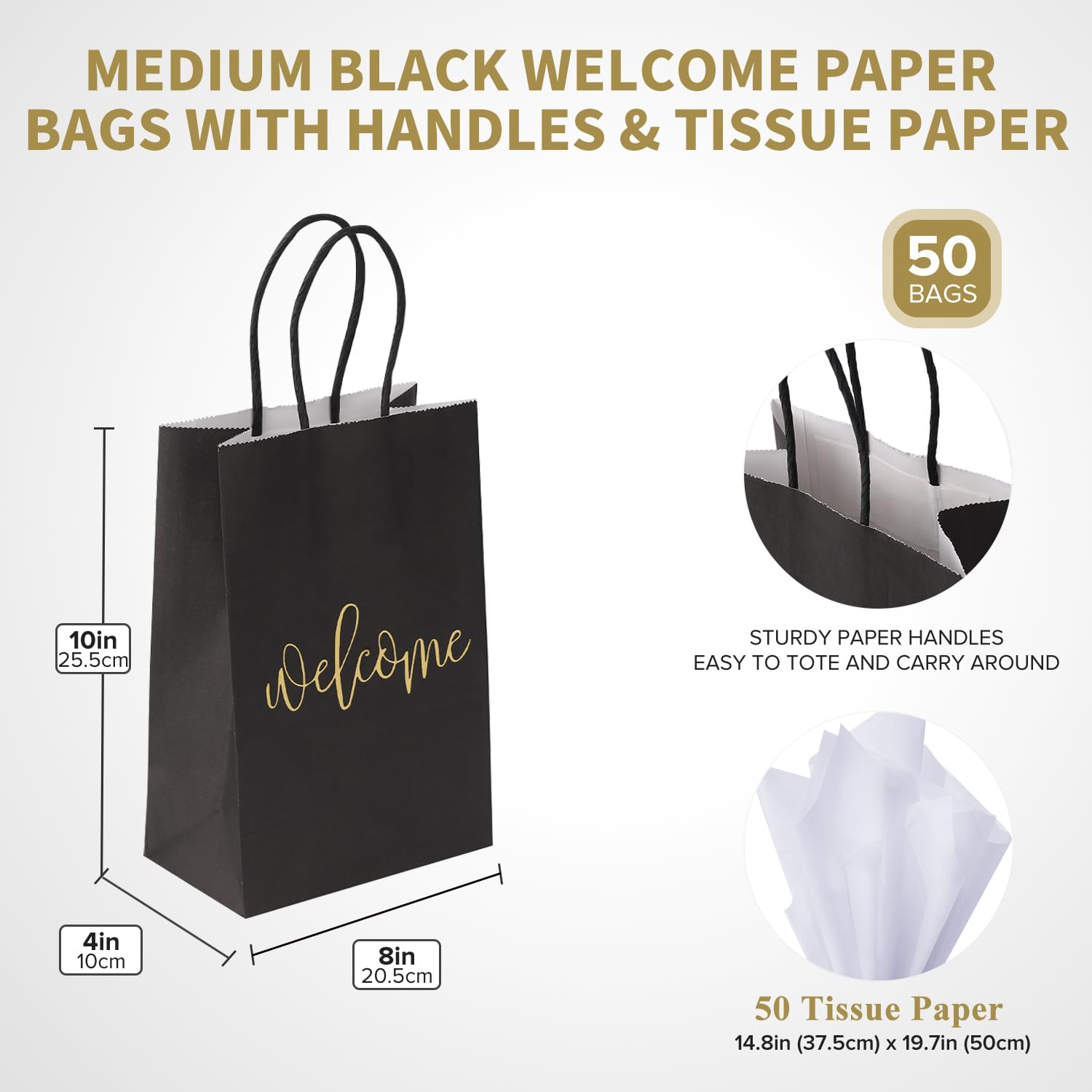 DjinnGlory 50 Pack Medium Black Welcome Paper Gift Bags with Handles and 50-Sheet White Tissue Paper for Wedding Hotel Guests Engagement Bridal Shower Birthday Party Favors (10''x8''x4'')