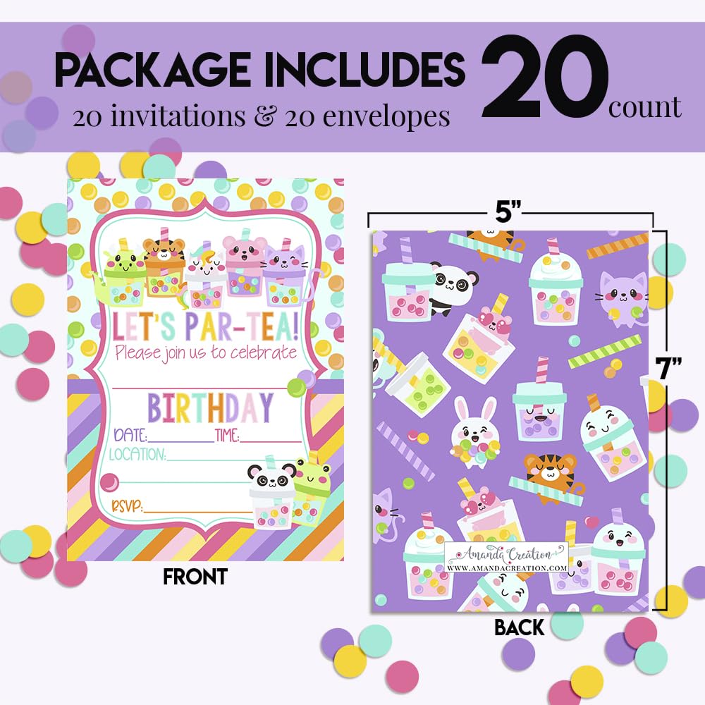 Amanda Creation Let's Par-tea Cute Animal Bubble Tea Themed Birthday Party Invitations, 20 5x7 Fill-In Cards with Twenty White Envelopes