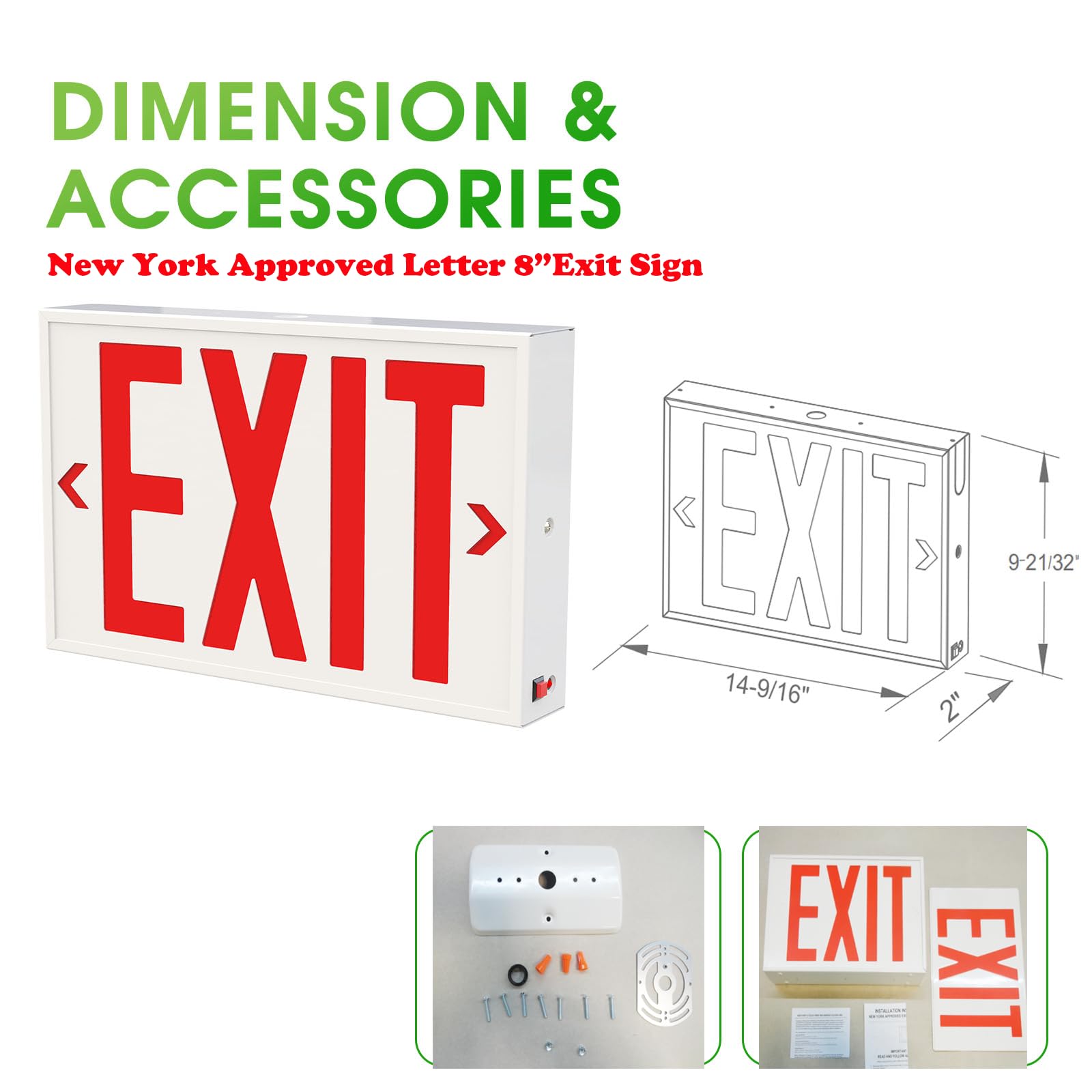 Garrini New York Approved Steel Letter 8" Exit Sign Emergency Light, Steel Housing with Backup Battery,120-277V， Single and Double Faces,Fire Resistant UL Certified NYC-200