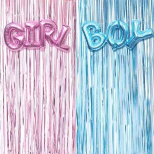 BRZIKWT 2 Pack Pink and Blue Foil Fringe Curtain Backdrop Beautiful Gender Reveal Backdrop Curtain for Family Party,Birthday,Christmas,Graduation Decorations(3.2 ft x 8.2 ft)