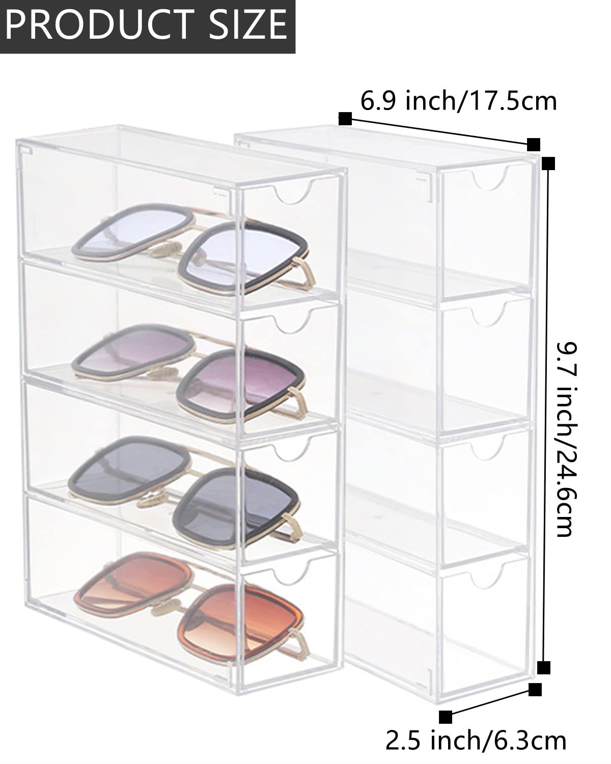 4 Drawers Acrylic Stackable Sunglasses Organizer, Clear Glasses Case Storage Organizer, Dust Proof & Waterproof Acrylic Drawers Sunglasses Storage Organizer for Dresser, Bedroom, Desk