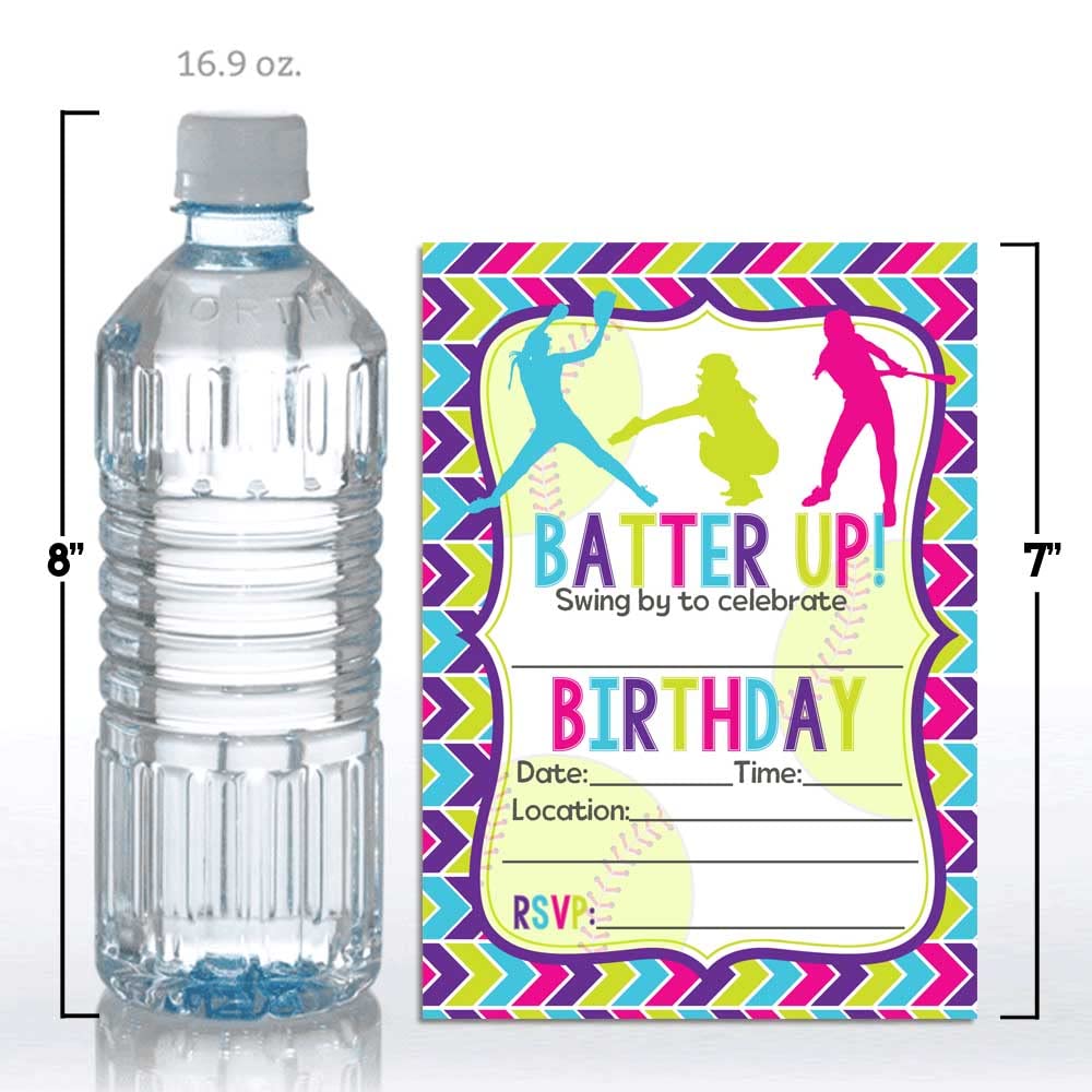 Amanda Creation Batter Up Softball Themed Birthday Party Invitations, 20 5x7 Fill-In Cards with Twenty White Envelopes