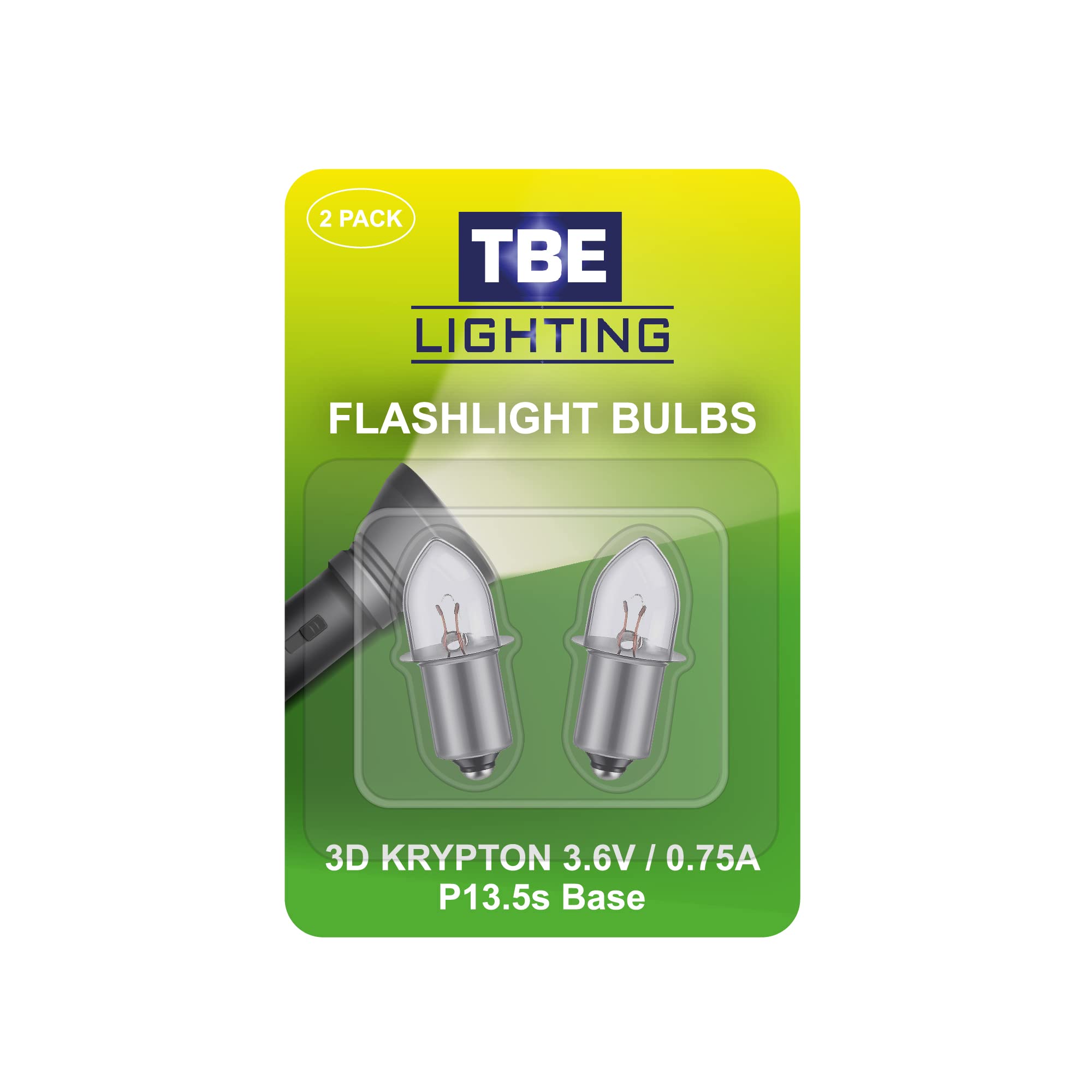 TBE LIGHTING Replacement 3 Volt / 3D 3.6 Volt, 0.75A Bayonet Base P13.5 Krypton Flashlight Bulbs, Pack of 2 Energy efficient Flashlight Krypton Bulbs to fit a Standard 3D Torches