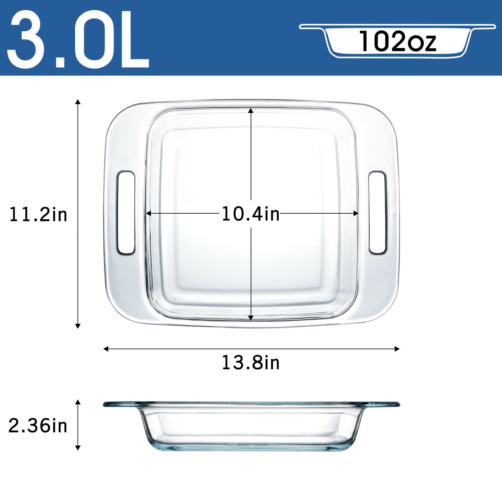 10in x 10in (3L-102 oz) Square Glass Baking Dish for Oven, Easy Grab Glass Baking Pan Oven Safe, Clear Microwave Oven Safe Glass Casserole Dish