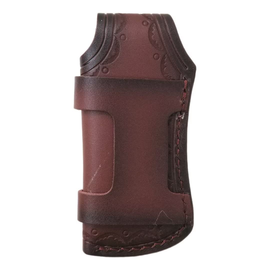 USonline911 Hand Made Carved Cow Leather Sheath for Folding Knife Cover Knife Bag Pouch Belt Clip, Brown