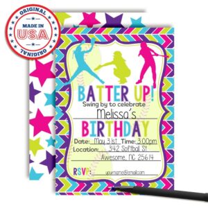 Amanda Creation Batter Up Softball Themed Birthday Party Invitations, 20 5x7 Fill-In Cards with Twenty White Envelopes