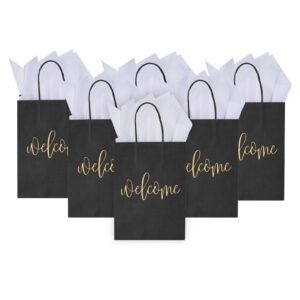 DjinnGlory 50 Pack Medium Black Welcome Paper Gift Bags with Handles and 50-Sheet White Tissue Paper for Wedding Hotel Guests Engagement Bridal Shower Birthday Party Favors (10''x8''x4'')