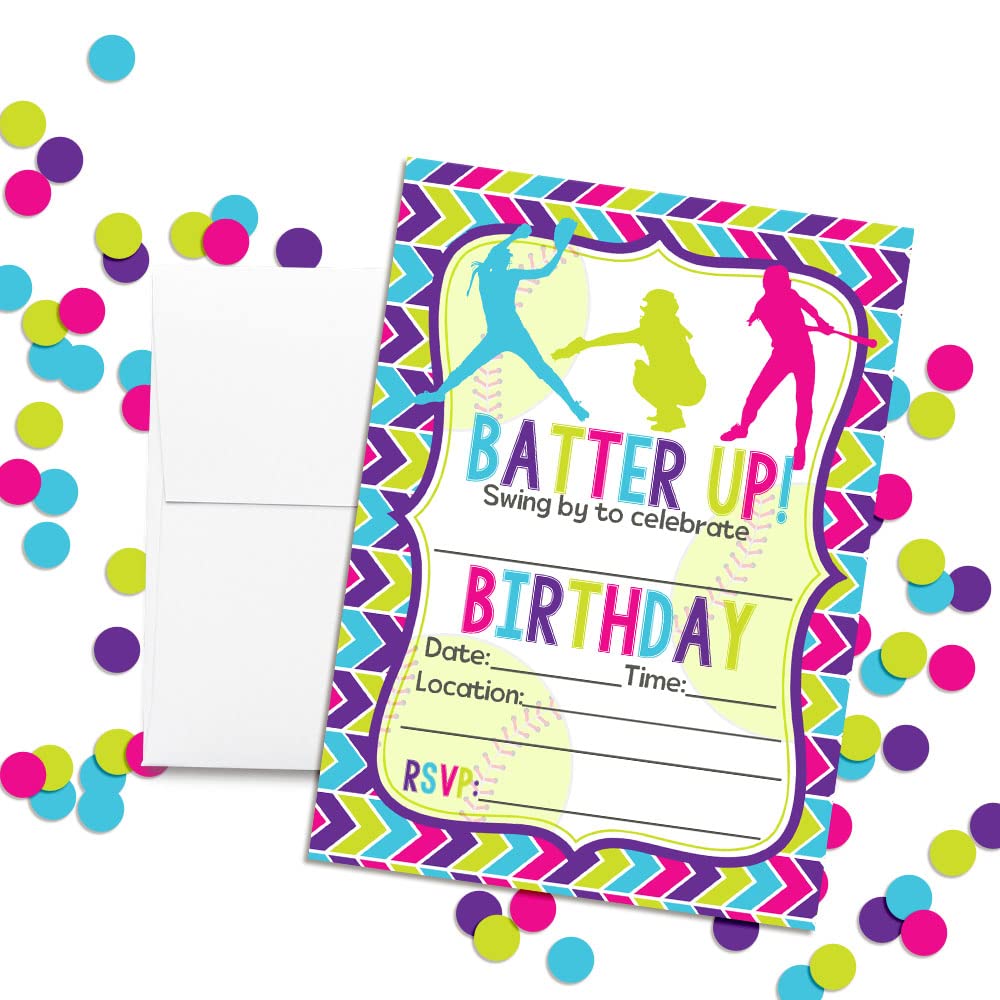 Amanda Creation Batter Up Softball Themed Birthday Party Invitations, 20 5x7 Fill-In Cards with Twenty White Envelopes