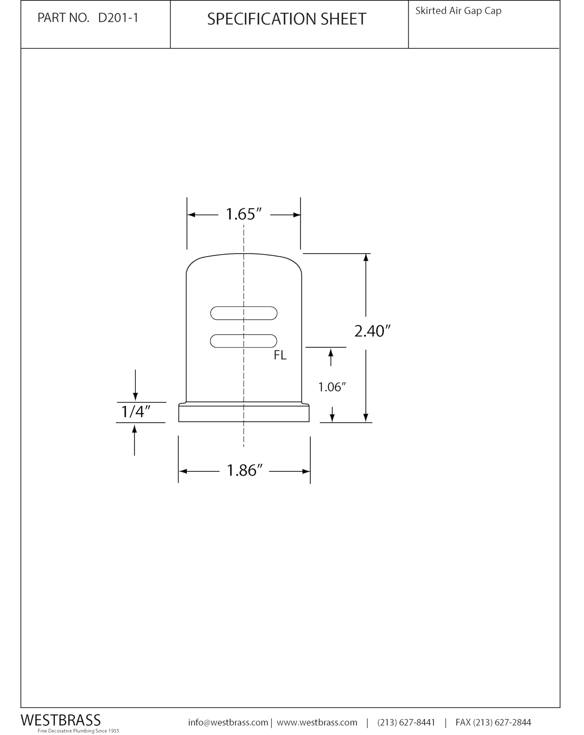 Westbrass A201-1-62 1-3/4" x 2-3/4" Solid Brass Air Gap Cap Only, Skirted, 1-Pack, Matte Black