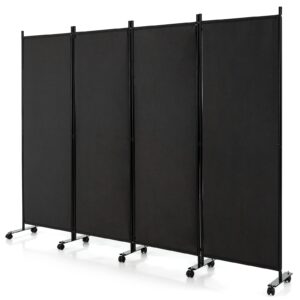 goflame 4 panel folding room divider, 6ft rolling privacy screen with lockable wheels, portable room partition screen, freestanding wall divider and separator for home office, black