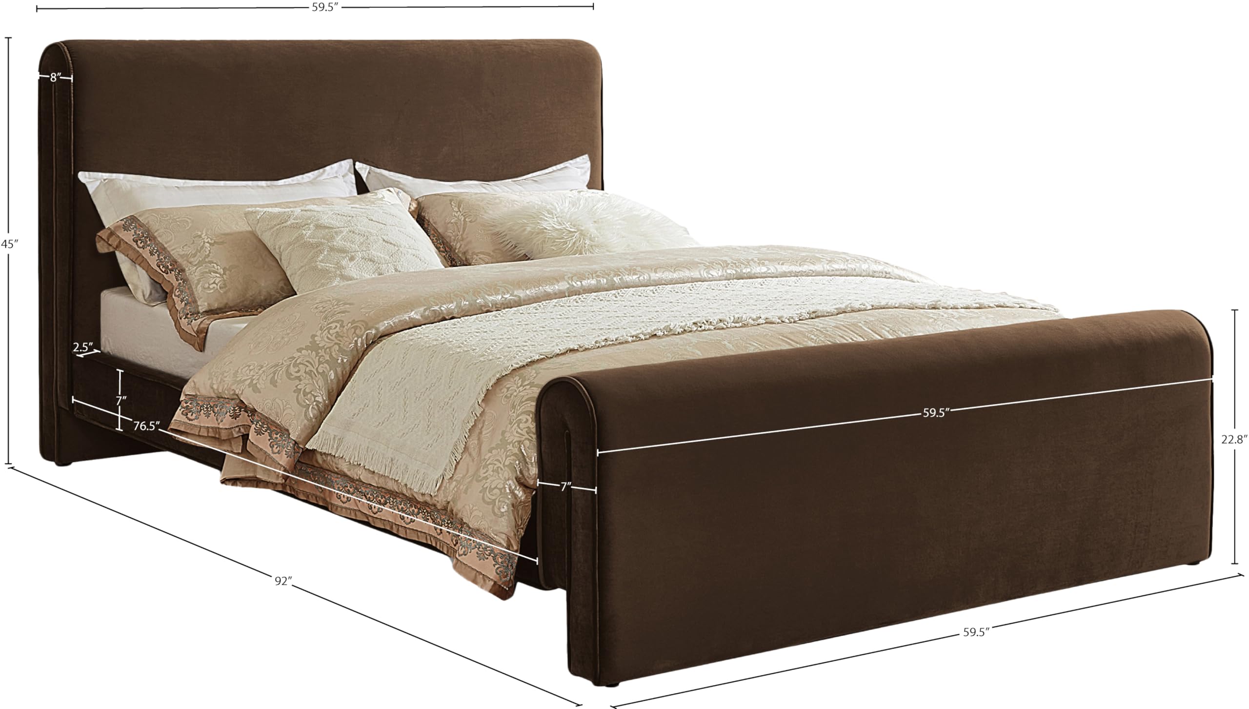 Meridian Furniture SloanBrown-F Sloan Collection Modern | Contemporary Velvet Upholstered Full Bed with Rich Soft Brown Velvet, Curved Headboard and Footboard, 59.5" W x 92" D x 45" H, Brown, Full