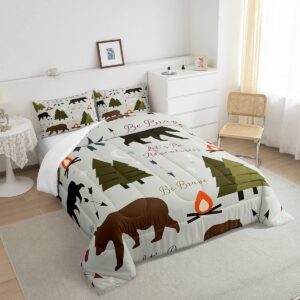 Homewish Happy Camping Bedding Set Full Size Hunt Bear Pine Trees Comforter Set for Kids Boys Men Adults Cabin Room Decor Campfire Arrow Cartoon Quilt Set Wild Outdoor Adventure Duvet Insert 3pcs