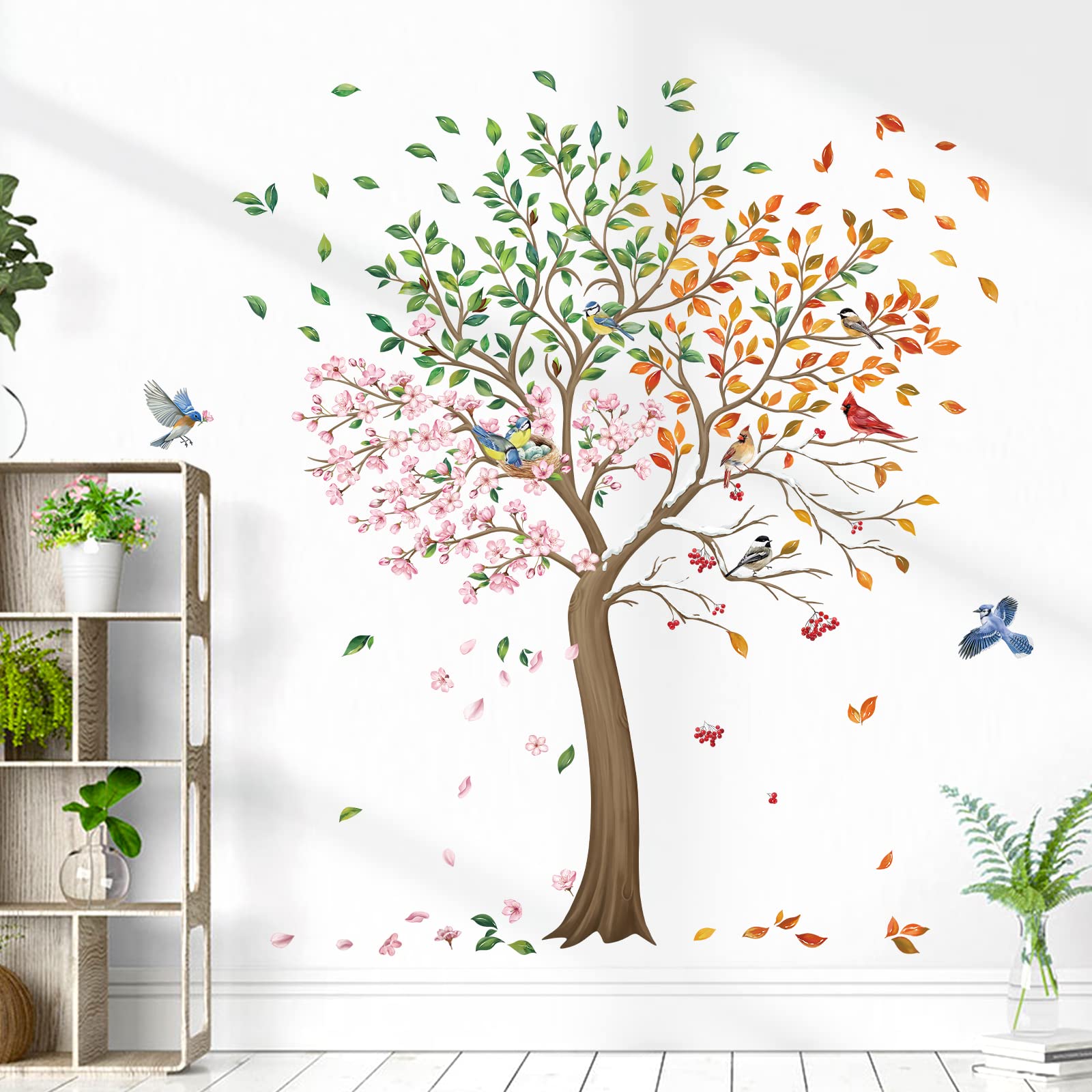 wondever Colorful Large Tree Wall Stickers Tree with Flower Birds Peel and Stick Wall Art Decals for Living Room Bedroom TV Wall (H: 63inch)