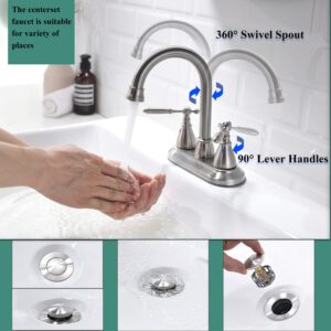 Centerset Bathroom Faucet with Pop-Up Sink Stopper and Strainer Brushed Nickel Bathroom Sink Faucet for 3 Hole- Rv Faucets Bathroom Sink Faucets with Hot and Cold Handle Brass Faucet