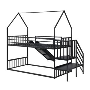 House Bunk Bed with Slide, Twin Over Twin Floor Bunk Bed with Storage Stairs, Metal Playhouse Bunk bed with Guardrail and Roof for Kids Boys Girls Teens, No Box Spring Needed, Black