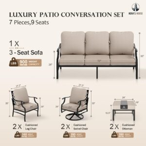 HERA'S HOUSE 7 Piece Patio Furniture Set, 2 x Swivel Chair, 2 x Fixed Chair, 2 x Ottoman, 1 x 3-Seat Sofa, All Cushioned Outdoor Conversation Set for Lawn Garden Backyard