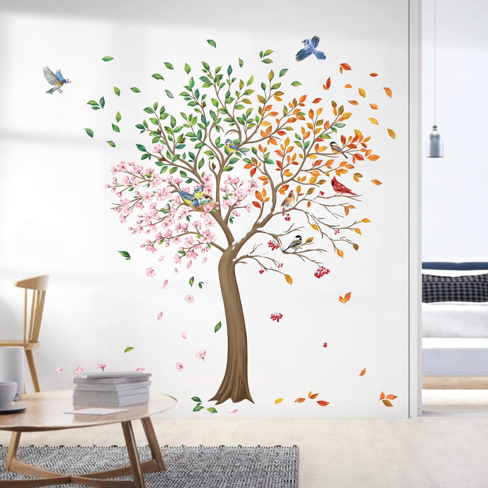 wondever Colorful Large Tree Wall Stickers Tree with Flower Birds Peel and Stick Wall Art Decals for Living Room Bedroom TV Wall (H: 63inch)