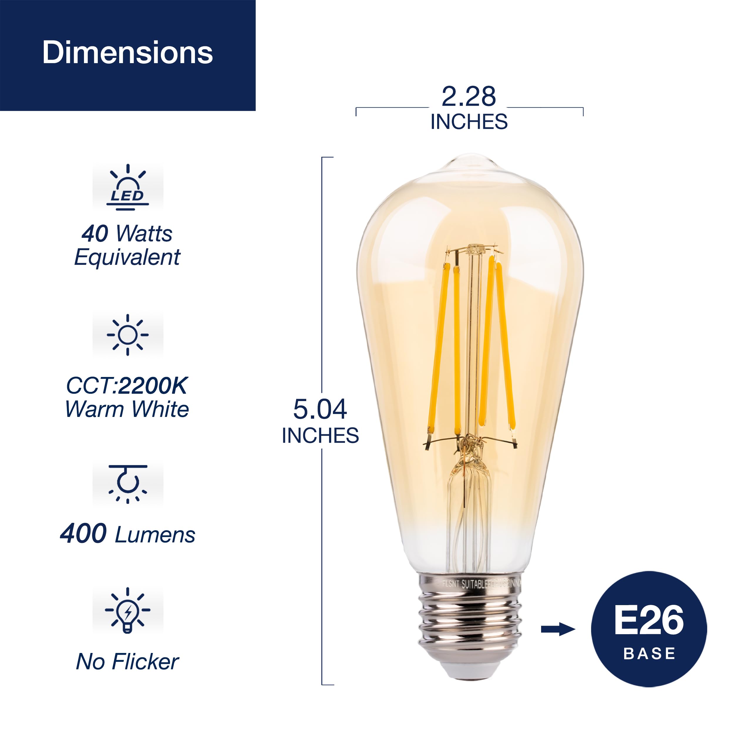 FLSNT 40W Equivalent LED Edison Bulbs with Amber Glass, 4W ST19 Dimmable Vintage LED Light Bulbs for Pendant Light, 90+ High CRI, 2200K Warm White, 400LM, E26 Base, 6 Pack