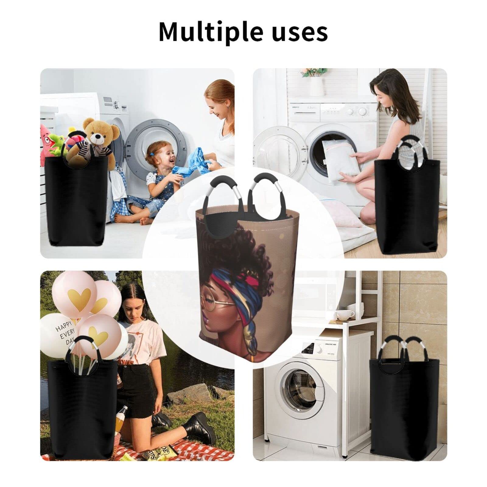 Duduho Black Woman Laundry Basket with Handles African American Girl Laundry Hamper Toys Storage Organizer Foldable Bucket Washing Bin Dirty Clothes Bag for Home Bathroom Bedroom Dorm