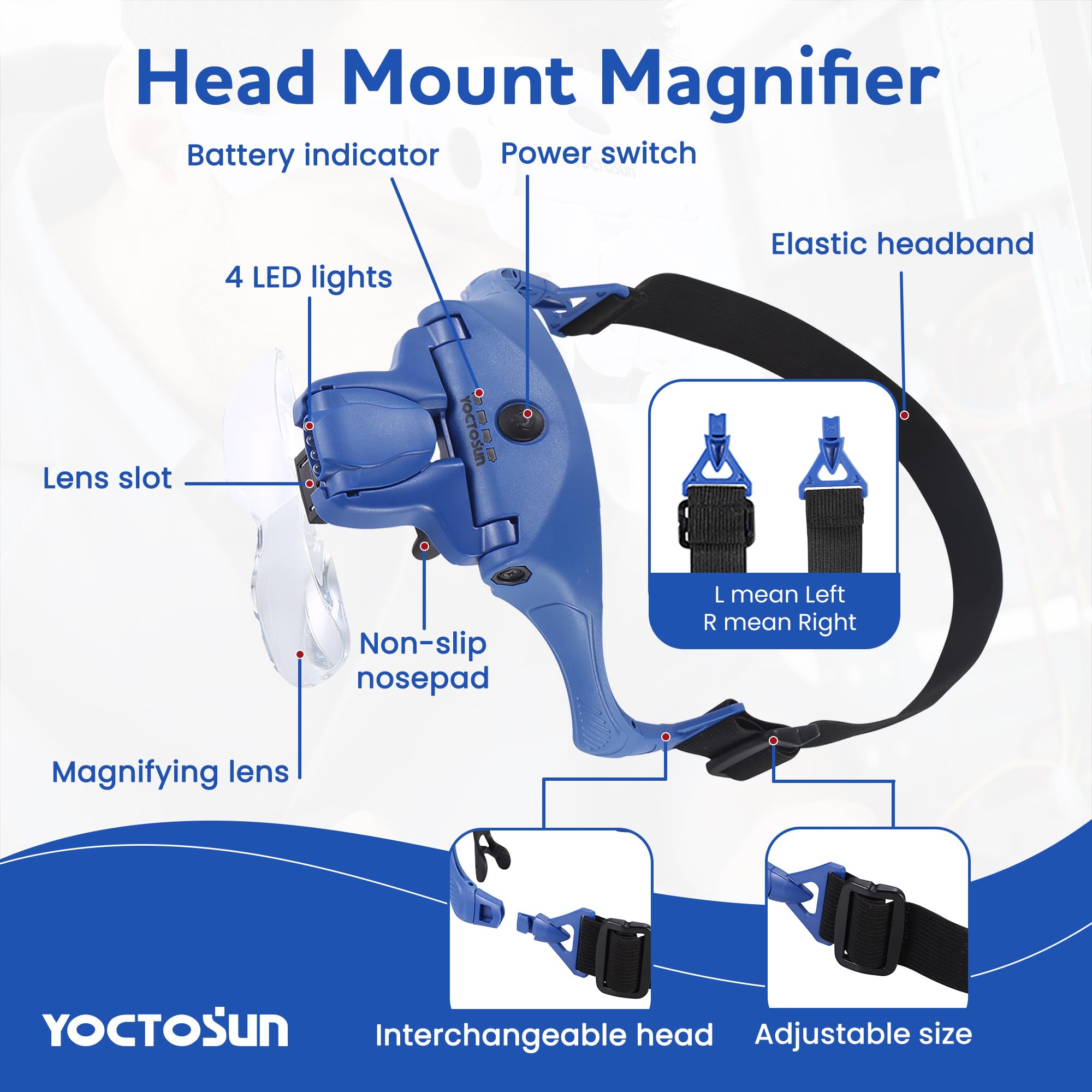 YOCTOSUN Magnifying Glasses with Light, Hands Free Headband Magnifier with 4 LED Lights and 5 Detachable Lenses 1X to 3.5X,Rechargeable Head Magnifier Glasses for Crafts, Hobby, Close Work